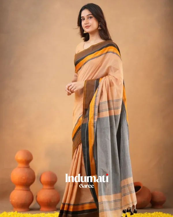Peach_Soft_Mulmul_Cotton_Saree_with_Contrast_Border_Design_with_Blouse_Piece