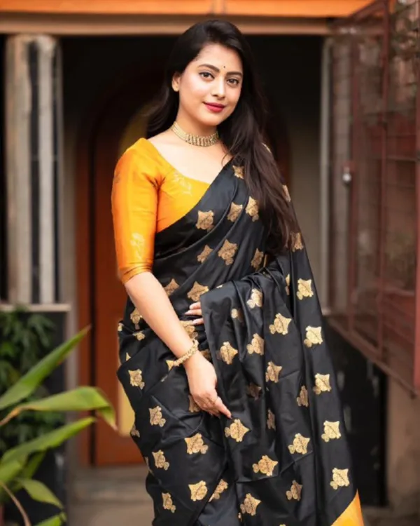 Black_And_Yellow_Color_Latest_Arrival_Soft_Banarasi_Silk_Saree_with_Classy_Bloue_Piece