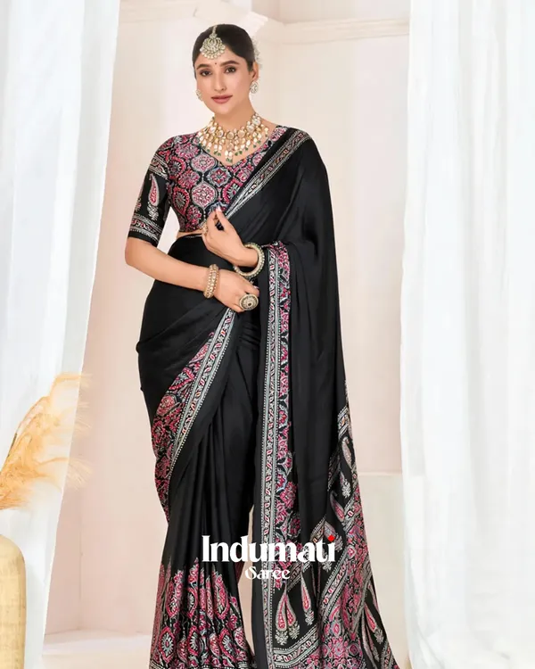 Black_Ajrakh_Printed_Modal_Silk_Premium_Plain_Saree_with_Blouse_Piece