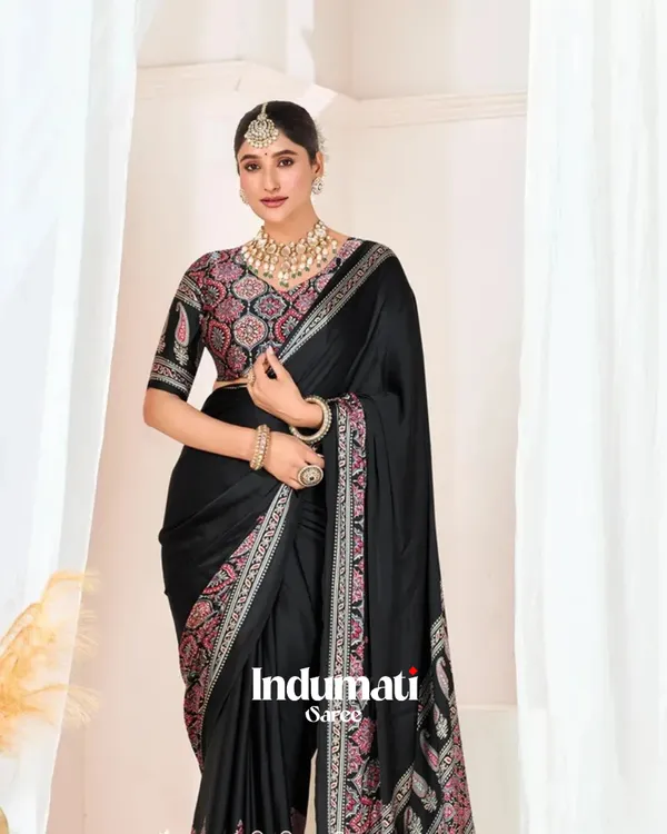 Black_Ajrakh_Printed_Modal_Silk_Premium_Plain_Saree_with_Blouse_Piece
