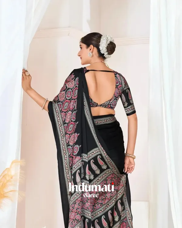 Black_Ajrakh_Printed_Modal_Silk_Premium_Plain_Saree_with_Blouse_Piece