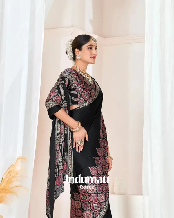 Black_Ajrakh_Printed_Modal_Silk_Premium_Plain_Saree_with_Blouse_Piece