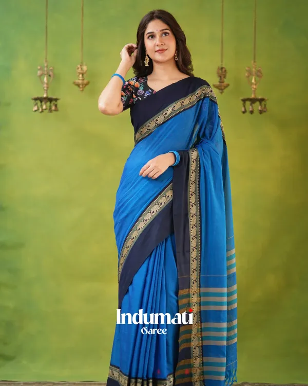 Royal_Blue_Mulmul_Cotton_Saree_with_Navy_Border_&_Elephant_Weave,_with_Blouse_Piece