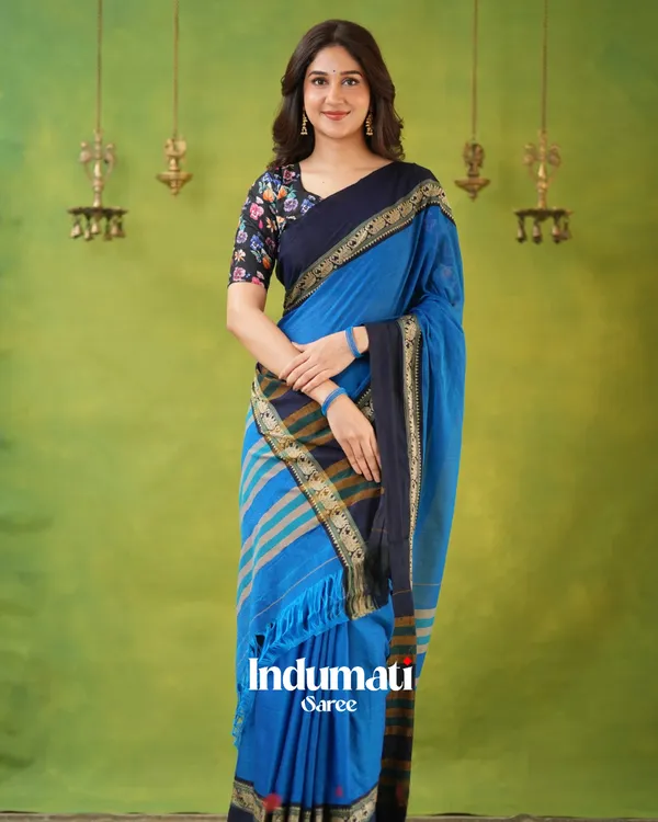 Royal_Blue_Mulmul_Cotton_Saree_with_Navy_Border_&_Elephant_Weave,_with_Blouse_Piece