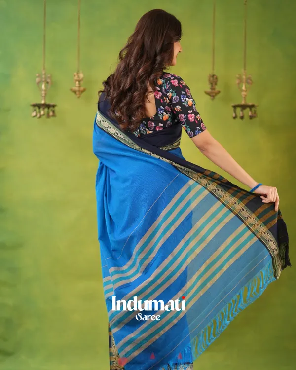 Royal_Blue_Mulmul_Cotton_Saree_with_Navy_Border_&_Elephant_Weave,_with_Blouse_Piece