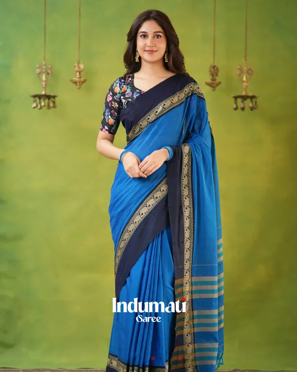 Royal_Blue_Mulmul_Cotton_Saree_with_Navy_Border_&_Elephant_Weave,_with_Blouse_Piece