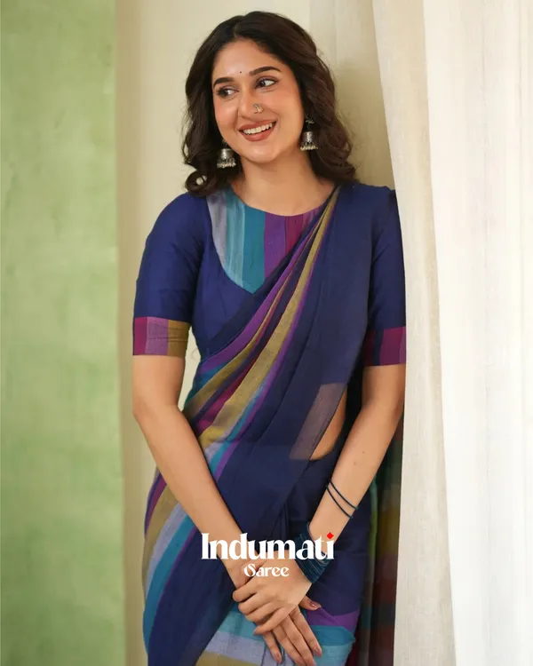 Navy_Blue_Mulmul_Cotton_Saree_with_Multicolor_Striped_Pallu_&_Matching_Navy_Blue_Blouse_Piece