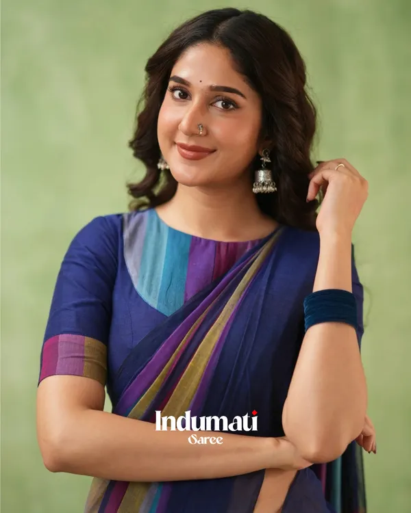 Navy_Blue_Mulmul_Cotton_Saree_with_Multicolor_Striped_Pallu_&_Matching_Navy_Blue_Blouse_Piece