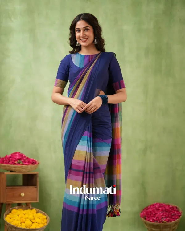 Navy_Blue_Mulmul_Cotton_Saree_with_Multicolor_Striped_Pallu_&_Matching_Navy_Blue_Blouse_Piece