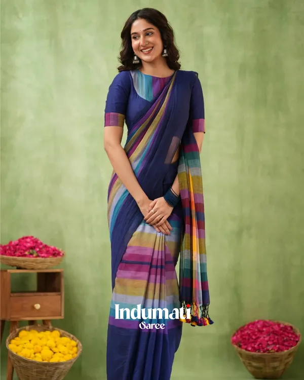Navy_Blue_Mulmul_Cotton_Saree_with_Multicolor_Striped_Pallu_&_Matching_Navy_Blue_Blouse_Piece