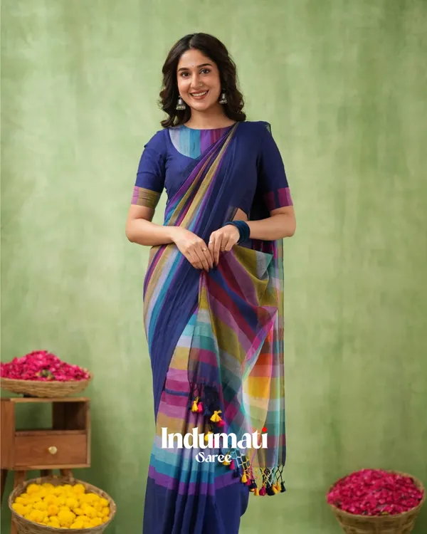 Navy_Blue_Mulmul_Cotton_Saree_with_Multicolor_Striped_Pallu_&_Matching_Navy_Blue_Blouse_Piece