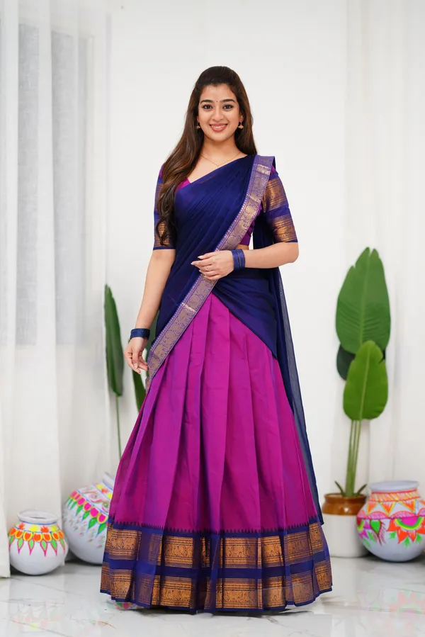 Blue_And_Purple_Color_Kanchipuram_Zari_Weaving_Half_Saree_With_Blouse__Silk_Dupatta