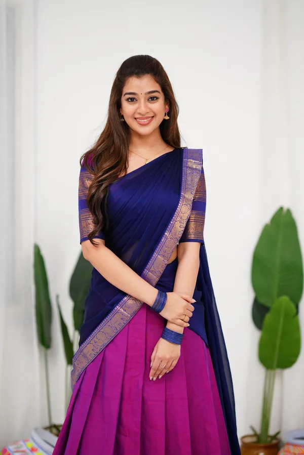 Blue_And_Purple_Color_Kanchipuram_Zari_Weaving_Half_Saree_With_Blouse__Silk_Dupatta