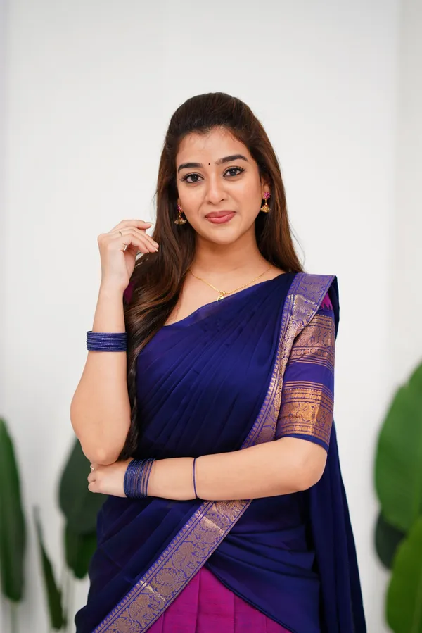 Blue_And_Purple_Color_Kanchipuram_Zari_Weaving_Half_Saree_With_Blouse__Silk_Dupatta