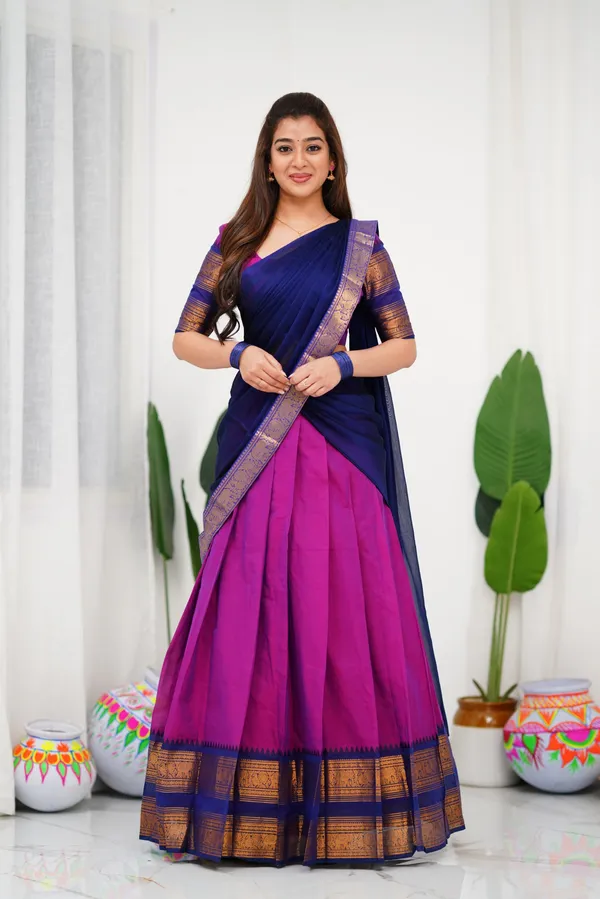 Blue_And_Purple_Color_Kanchipuram_Zari_Weaving_Half_Saree_With_Blouse__Silk_Dupatta