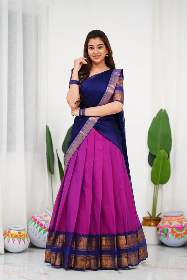 Blue_And_Purple_Color_Kanchipuram_Zari_Weaving_Half_Saree_With_Blouse__Silk_Dupatta