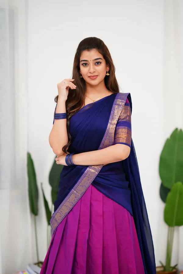 Blue_And_Purple_Color_Kanchipuram_Zari_Weaving_Half_Saree_With_Blouse__Silk_Dupatta