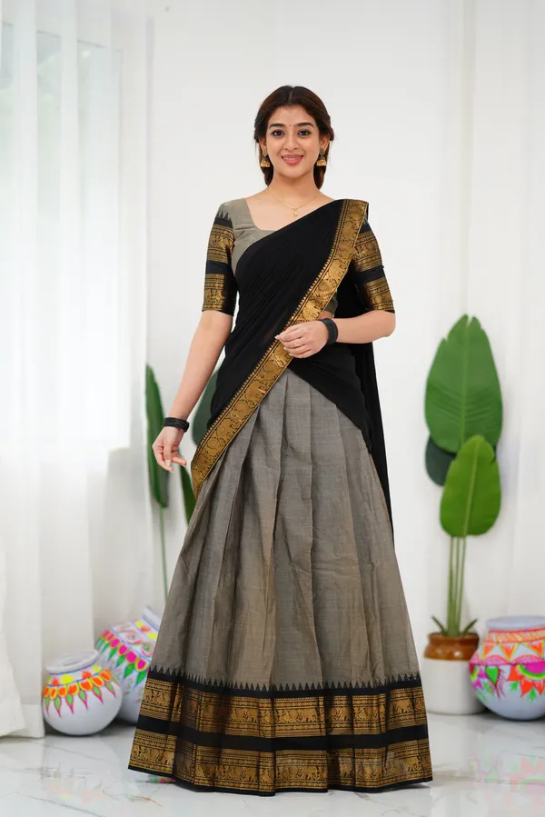 Black_And_Grey_Color_Kanchipuram_Zari_Weaving_Half_Saree_With_Blouse__Silk_Dupatta