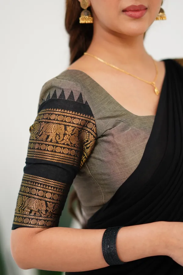 Black_And_Grey_Color_Kanchipuram_Zari_Weaving_Half_Saree_With_Blouse__Silk_Dupatta