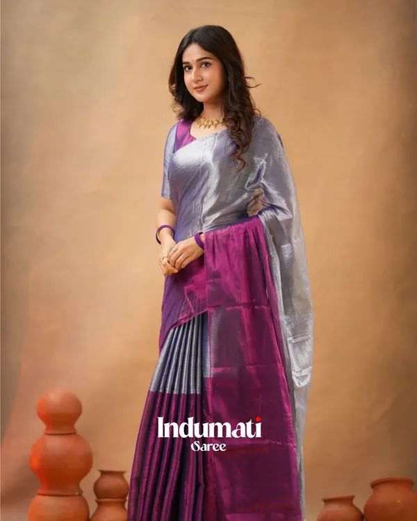 Purple_&_Silver_Tissue_Cotton_Saree_with_Blouse_Piece