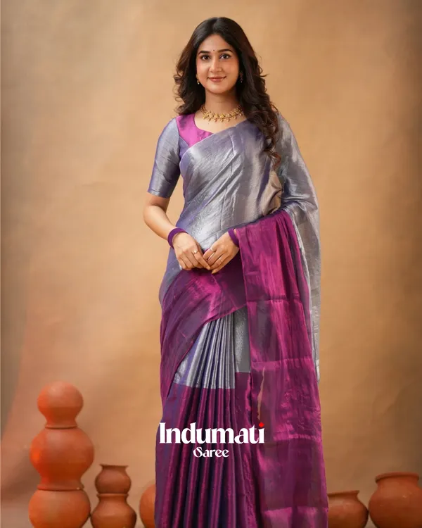 Purple_&_Silver_Tissue_Cotton_Saree_with_Blouse_Piece