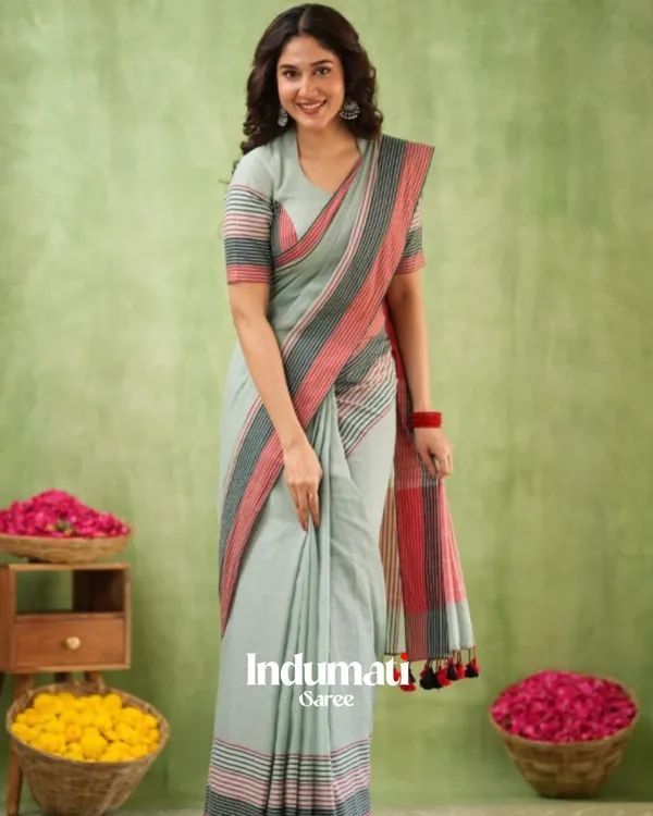 Grey_Mulmul_Cotton_Saree_with_Pink_&_Black_Striped_Pallu_&_Matching_Grey_Blouse_Piece