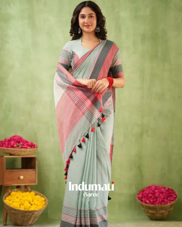 Grey_Mulmul_Cotton_Saree_with_Pink_&_Black_Striped_Pallu_&_Matching_Grey_Blouse_Piece