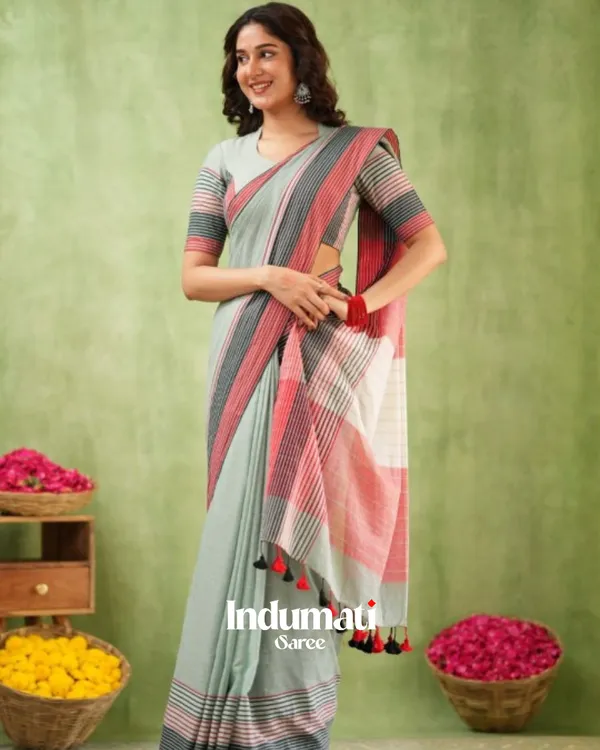 Grey_Mulmul_Cotton_Saree_with_Pink_&_Black_Striped_Pallu_&_Matching_Grey_Blouse_Piece