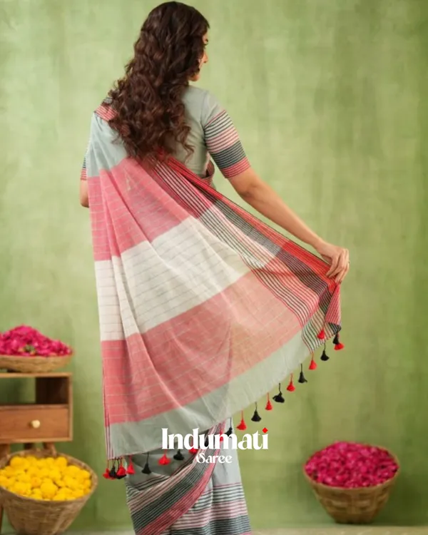 Grey_Mulmul_Cotton_Saree_with_Pink_&_Black_Striped_Pallu_&_Matching_Grey_Blouse_Piece
