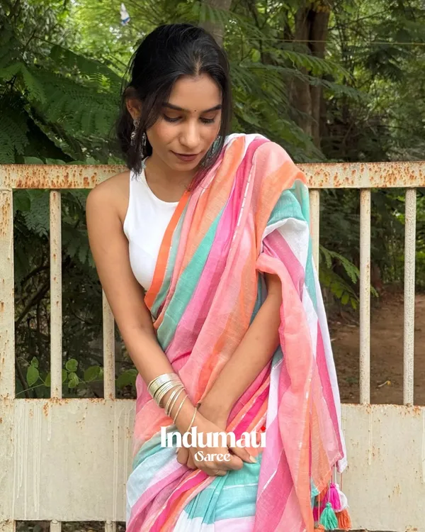 Neelanjali_Sutra_-_Twilight_Stripes_Bottle_Blue-Pink-Saffron_Linen_Saree_with_Blouse_Piece