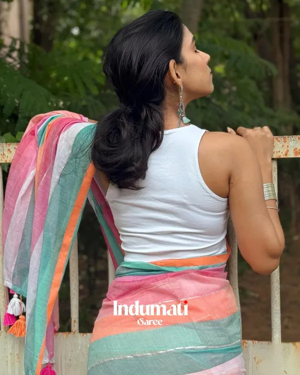Neelanjali_Sutra_-_Twilight_Stripes_Bottle_Blue-Pink-Saffron_Linen_Saree_with_Blouse_Piece