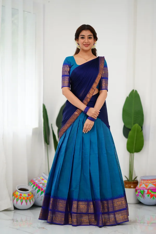 Blue_And_Light_Blue_Color_Kanchipuram_Zari_Weaving_Half_Saree_With_Blouse__Silk_Dupatta
