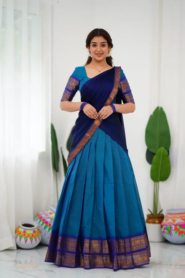 Blue_And_Light_Blue_Color_Kanchipuram_Zari_Weaving_Half_Saree_With_Blouse__Silk_Dupatta
