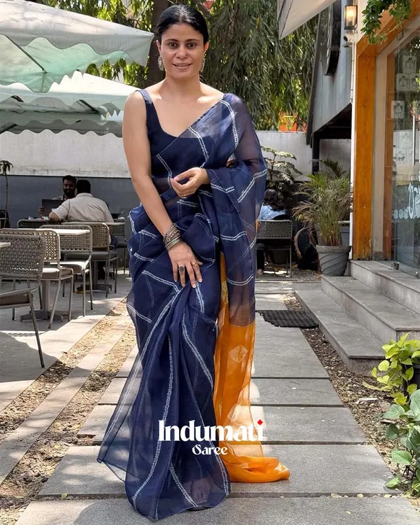 NeelKesar_-_Navy_Blue_and_Saffron_Linen_Saree_with_Navy_Blue_Blouse
