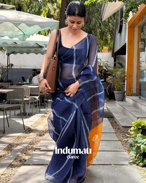 NeelKesar_-_Navy_Blue_and_Saffron_Linen_Saree_with_Navy_Blue_Blouse