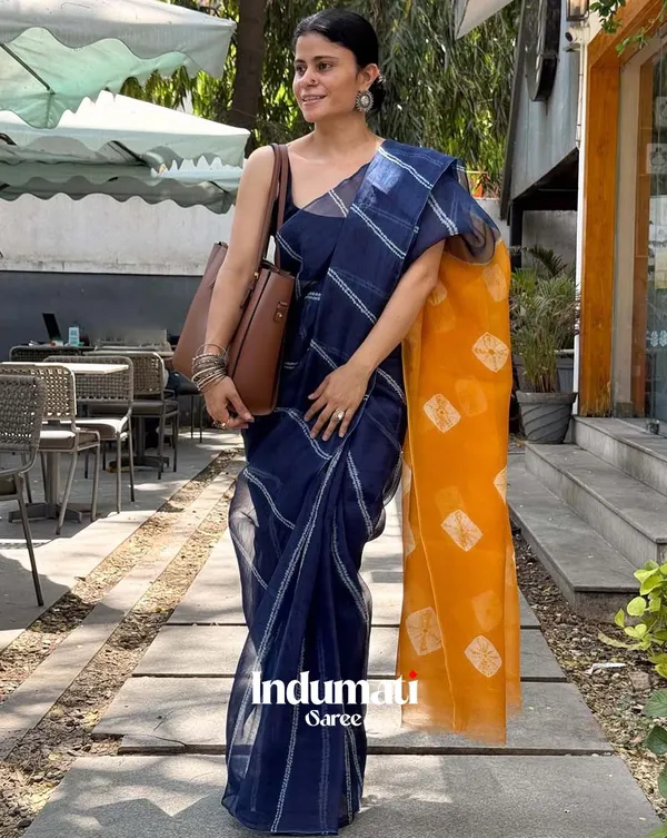 NeelKesar_-_Navy_Blue_and_Saffron_Linen_Saree_with_Navy_Blue_Blouse