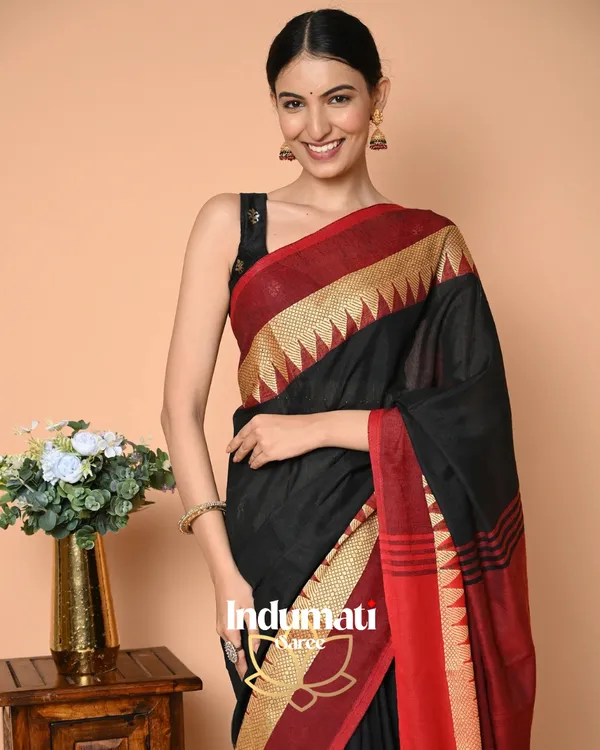 Black_&_Red_Mulmul_Cotton_Saree_with_Golden_Triangle_Border,_with_Blouse_Piece