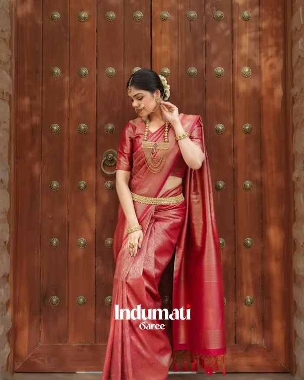 Red_Color_Top_TierSoft_Banarasi_Silk_Saree_with_Classy_Blouse_Piece