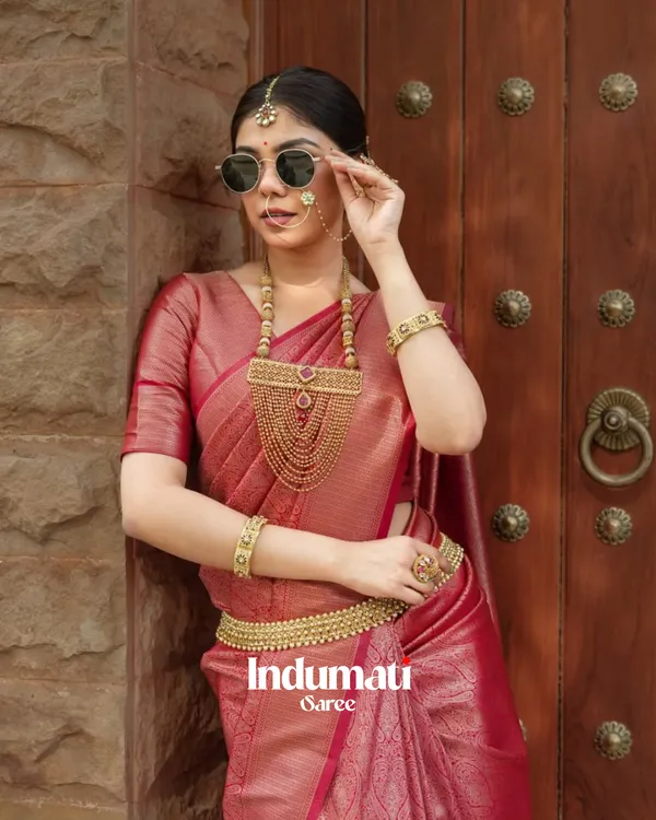Red_Color_Top_TierSoft_Banarasi_Silk_Saree_with_Classy_Blouse_Piece