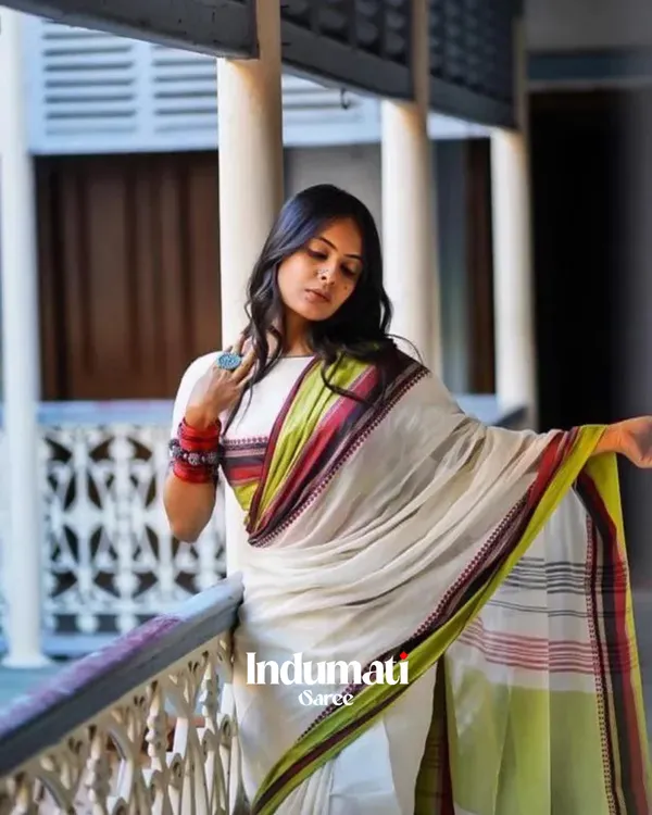 White_Mulmul_Cotton_Saree_with_Multicolor_Woven_Striped_Pallu_&_Matching_White_Blouse_Piece