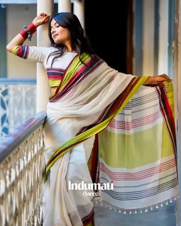 White_Mulmul_Cotton_Saree_with_Multicolor_Woven_Striped_Pallu_&_Matching_White_Blouse_Piece