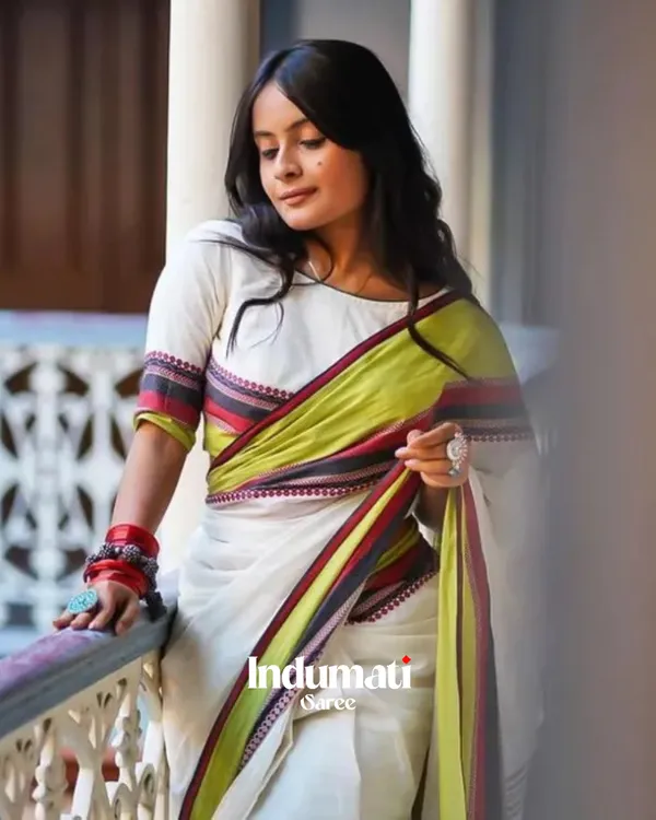 White_Mulmul_Cotton_Saree_with_Multicolor_Woven_Striped_Pallu_&_Matching_White_Blouse_Piece