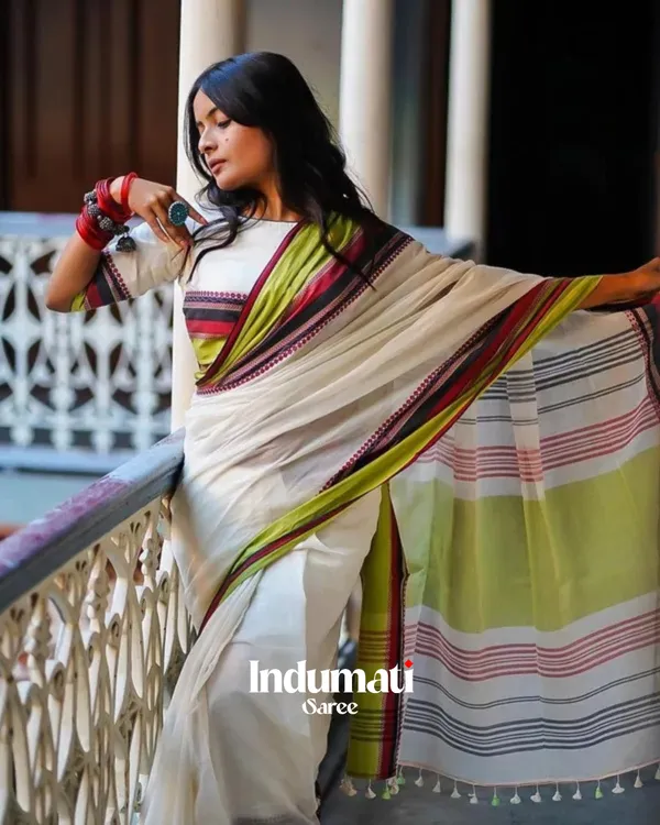 White_Mulmul_Cotton_Saree_with_Multicolor_Woven_Striped_Pallu_&_Matching_White_Blouse_Piece