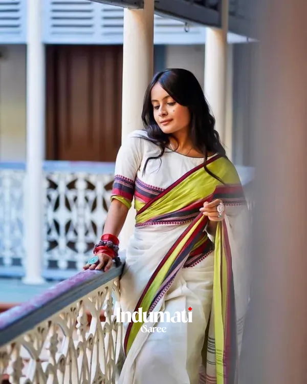 White_Mulmul_Cotton_Saree_with_Multicolor_Woven_Striped_Pallu_&_Matching_White_Blouse_Piece