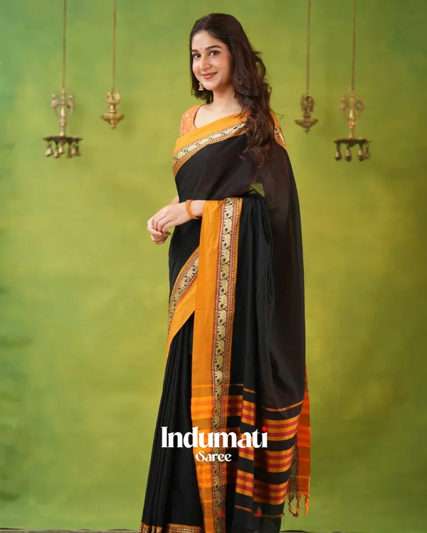 Black_Mulmul_Cotton_Saree_with_Mustard_Border_&_Elephant_Weave,_with_Blouse_Piece