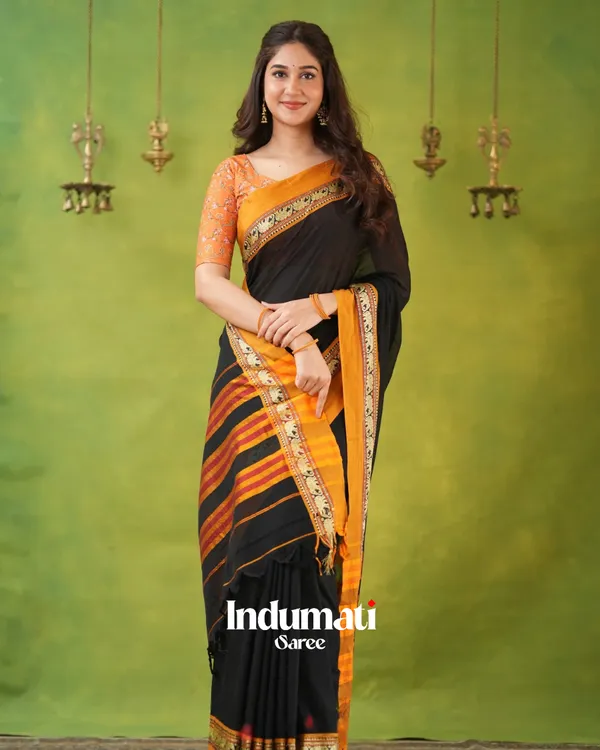 Black_Mulmul_Cotton_Saree_with_Mustard_Border_&_Elephant_Weave,_with_Blouse_Piece