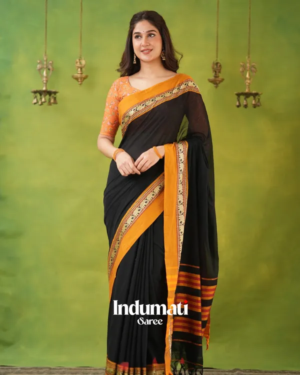 Black_Mulmul_Cotton_Saree_with_Mustard_Border_&_Elephant_Weave,_with_Blouse_Piece