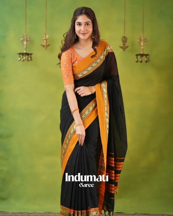 Black_Mulmul_Cotton_Saree_with_Mustard_Border_&_Elephant_Weave,_with_Blouse_Piece