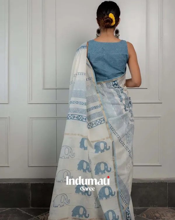 Safed_Saaya_-_White_Linen_Saree_with_Blue_Color_Blouse