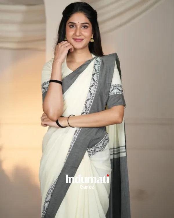 White_MulMulmul_Cotton_Saree_with_Grey_Border_Motif_&_Matching_Off-White_Blouse_Piece